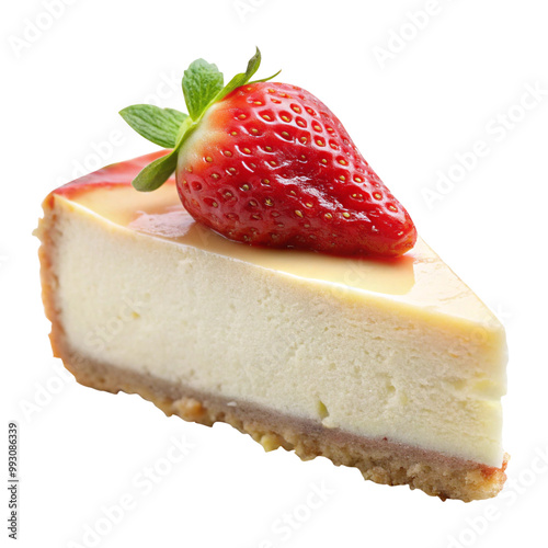 Slice of cheesecake with a strawberry on top isolated on transparent background.