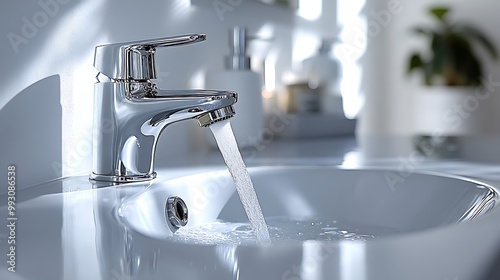Water flowing from a faucet equipped with a water-saving aerator in a modern bathroom, with soft sunlight illuminating the sink area, showcasing eco-friendly water conservation.