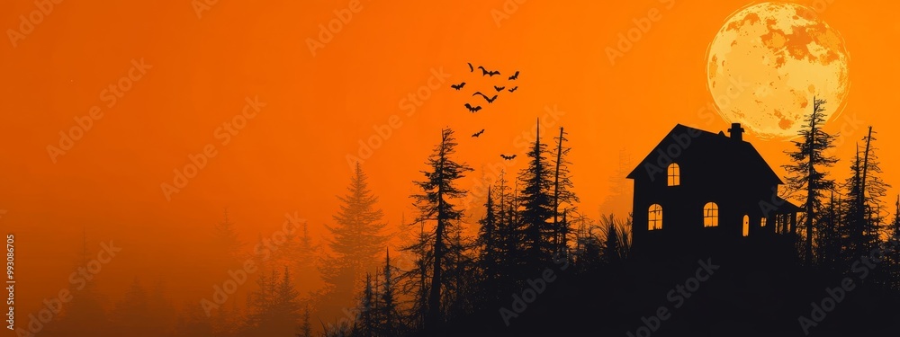 Festive Halloween Banner with Spooky Font and Silhouettes, Ideal for Vector Art and Advertising