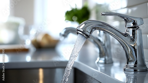 Water flowing from a faucet fitted with a water-saving aerator in a modern kitchen, bright reflections highlighting the eco-conscious design and efficient water use, promoting sustainability.