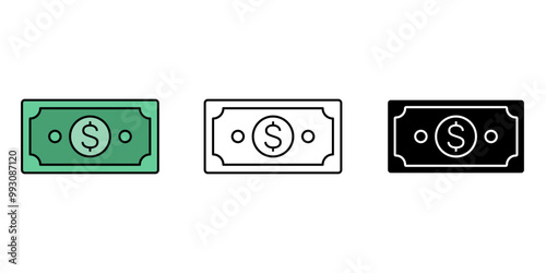 Dollar banknote money icon set, Money colorful symbol isolated background. Green banknote one dollar bills flat simple for infographics design template. silhouette icon, vector illustration.