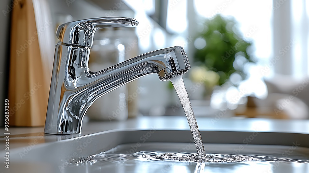 Water-saving aerator attached to a contemporary kitchen faucet, water flowing gently into a sink, captured in a brightly lit, modern kitchen, promoting efficient water usage. Water-saving aerator attached to a contemporary kitchen faucet, water flowing gently into a sink, captured in a brightly lit, modern kitchen, promoting efficient water usage.