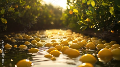 Floating Meyer Lemons in California Orchard at Sunset