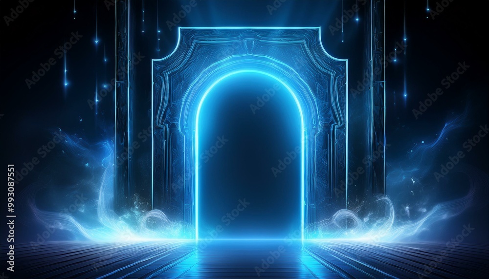 Neon light blue arch. A door with a glow of smoke in space. Portal frame with laser effect on a black background. Led beam in the shape of a gate. Neon light blue arch. A door with a glow of smoke in space. Portal frame with laser effect on a black background. Led beam in the shape of a gate.