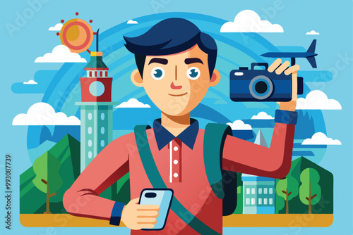 A traveler smiles as they hold a camera and phone against a lively backdrop of mountains and buildings, Customizable travel selfie illustration