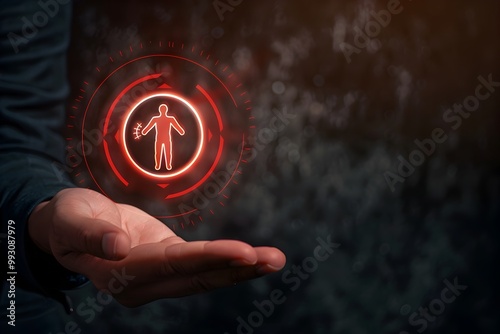 Businessman's hand holding a target icon with a human figure inside a virtual screen on a dark background, a digital marketing and customer trending concept for a business plan or social media adverti photo