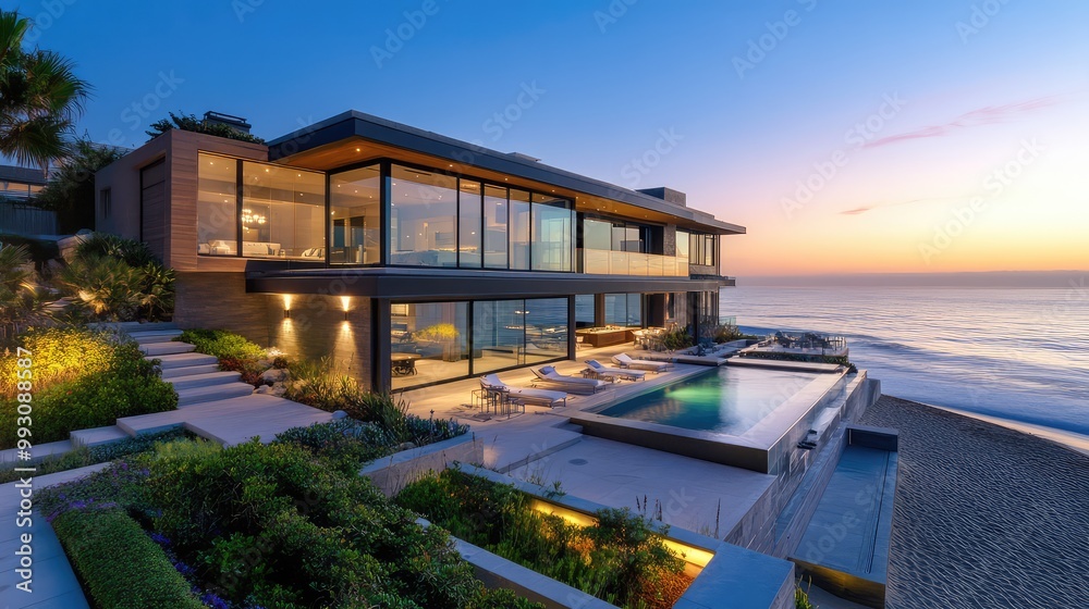 Fototapeta premium Contemporary beachfront home with a sleek design and a panoramic view of the ocean