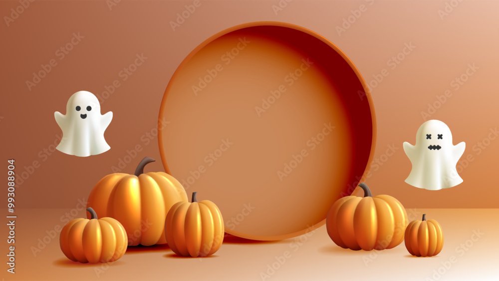Cute Halloween Ghosts and Pumpkin on a Soft Autumn Background Cute Halloween Ghosts and Pumpkin on a Soft Autumn Background