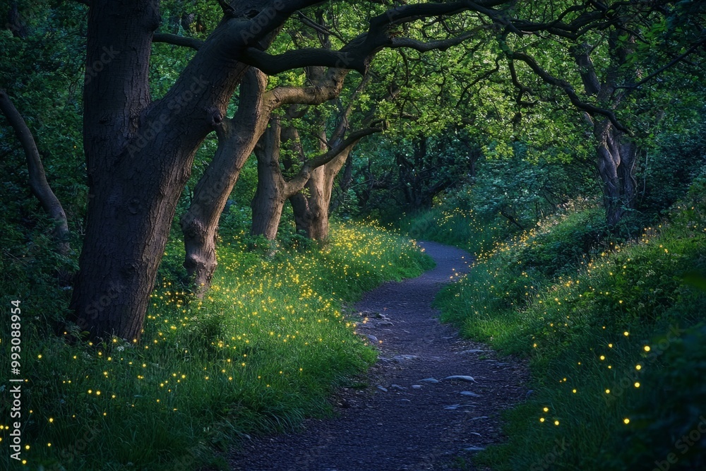 Naklejka premium A serene forest path winds through lush greenery and trees. Soft light filters through leaves. Perfect for nature lovers and peaceful retreats. Generative AI