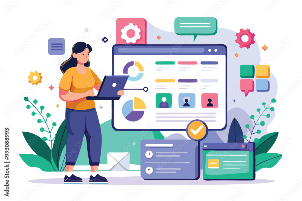 A user engages with an innovative interface, featuring customizable design elements and vibrant visuals, Customizable Ui-ux design with Disproportionate Illustration A user engages with an innovative interface, featuring customizable design elements and vibrant visuals, Customizable Ui-ux design with Disproportionate Illustration