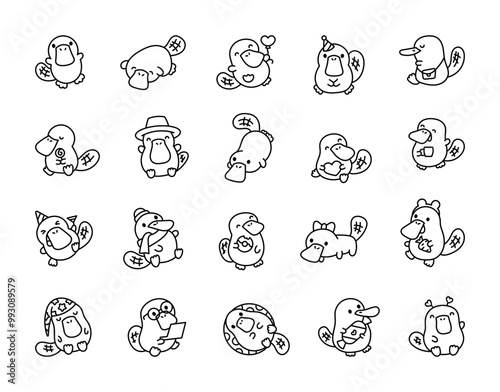 Cute kawaii platypus with funny paws and tail. Coloring Page. Adorable cartoon character of the aquatic environment. Hand drawn style. Vector drawing. Collection of design elements.
