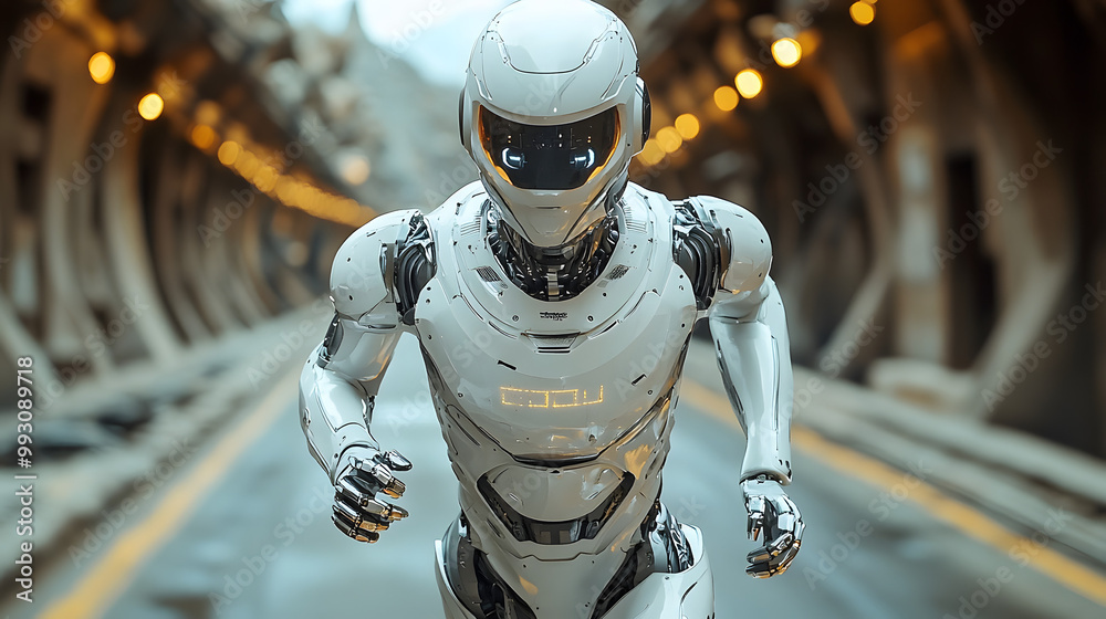 A Silver Robot Running on the Road in the Alps, Surrounded by Majestic Mountains and Lush Greenery, Capturing the Blend of Technology and Nature in a Scenic Landscape, Perfect for Illustrating Futuris A Silver Robot Running on the Road in the Alps, Surrounded by Majestic Mountains and Lush Greenery, Capturing the Blend of Technology and Nature in a Scenic Landscape, Perfect for Illustrating Futuris