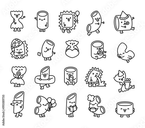 Cute macaroni characters. Coloring Page. Cartoon pasta product. Hand drawn style. Vector drawing. Collection of design elements.