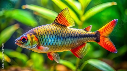 In a lush freshwater aquarium, a Denison Barb swims elegantly, displaying its vibrant hues while navigating through photo