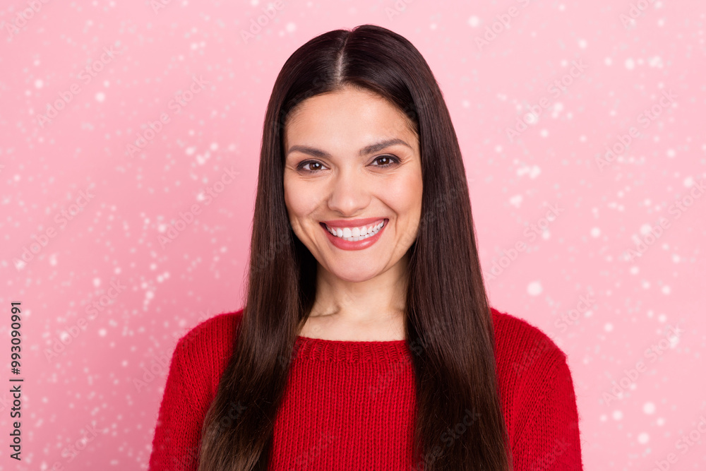 Photo of cheerful charming cute girl toothy beaming smile wear red sweater isolated pink color background Photo of cheerful charming cute girl toothy beaming smile wear red sweater isolated pink color background