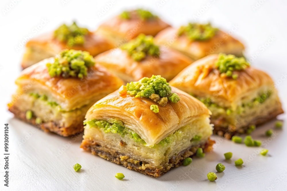 A close up shot of traditional baklava dessert with a rich layer of crushed pistachio nuts on a clean white background, white background, layers, pastry, snack, flaky, cuisine A close up shot of traditional baklava dessert with a rich layer of crushed pistachio nuts on a clean white background, white background, layers, pastry, snack, flaky, cuisine