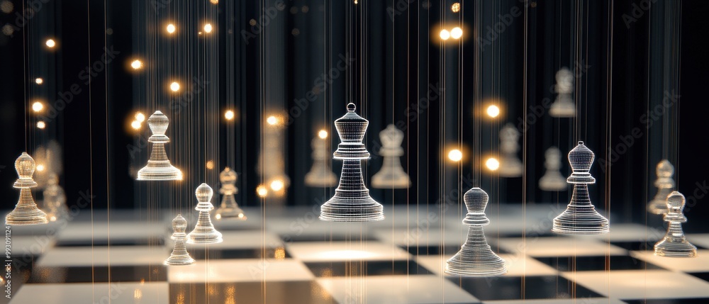 A digital illustration showcasing transparent chess pieces on a reflective board, illuminated by soft, glowing lights.
