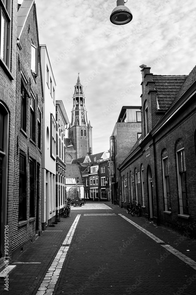 Obraz premium Groningen, cycling city of the Netherlands. View of the tower of University of Groningen in the background
