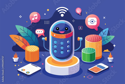 A cheerful voice assistant character is surrounded by colorful smart devices, promoting interactivity and customization, Customizable voice assistant illustration