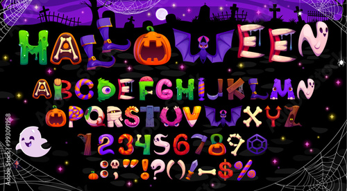 Cartoon Halloween font, evil type, funny scary typeface, spooky monster alphabet letters and numbers. Vector Halloween english abc characters font with Halloween holiday horror ghost, pumpkin and bat