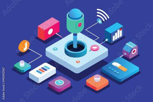 A vibrant isometric illustration showcases a customizable voice interface with multiple buttons and icons, Customizable voice interface with isometric illustration.