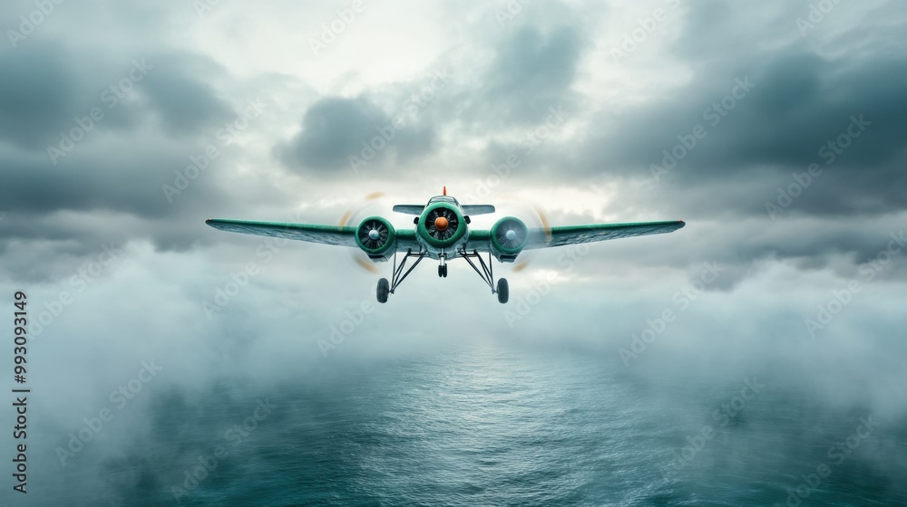 Fototapeta premium Vintage Aircraft Flying Over Moody Oceanic Landscape