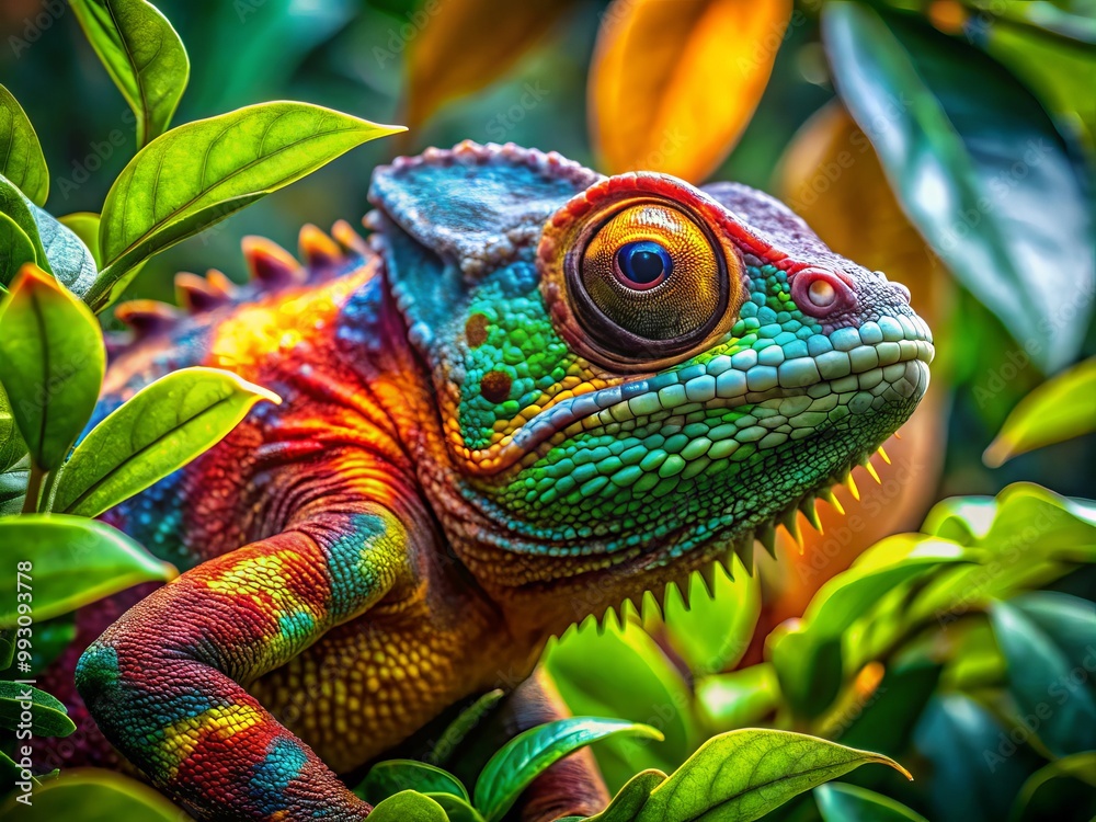Obraz premium In a vibrant tropical setting, a colorful chameleon forest dragon seamlessly merges with the lush green leaves,