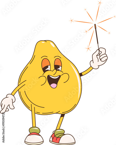 Retro cartoon groovy quince fruit character holding bright sparkler with a joyful face expression. Cheerful and lively isolated vector anthropomorphic quince fruit personage celebrate party event