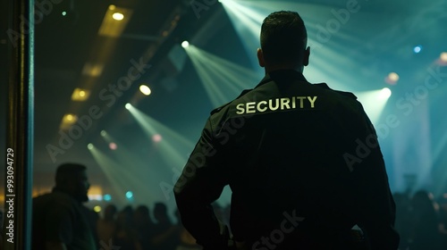 Security Guard at Night Club, Concert, Event.  Dark, Moody Atmosphere. Safety, Protection Concept