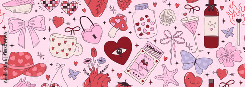 Seamless vector banner with y2k pink girly stickers. Cute cowboy hat, bow, heart, matches, shell, cup on wide background. Trendy coquette pattern in 2000s aesthetic