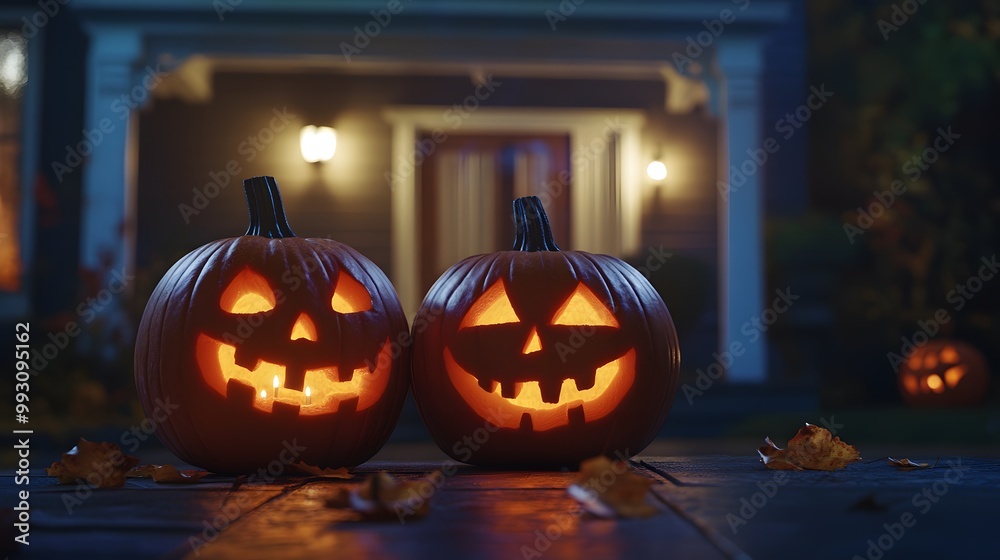 Smiling Jack o Lanterns on Porch for Halloween Night Smiling Jack o Lanterns on Porch for Halloween Night