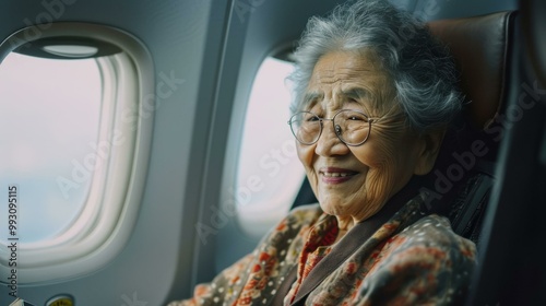 Smiling Senior Woman Airplane Travel, Elderly Tourism, Happy Retirement Journey