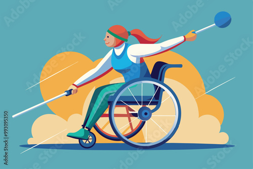 A wheelchair fencer is poised to strike, showcasing athleticism and determination, Customizable wheelchair fencing illustration is disproportionate.