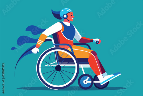 An athlete performs wheelchair fencing, showcasing agility and determination with a vibrant design, Customizable wheelchair fencing illustration is disproportionate.
