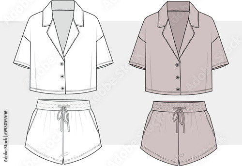 women's short sleeve cropped shirt Hawaiian resort shirt with shorts set design flat sketch illustration drawing, aloha casual wear fashion illustration template.