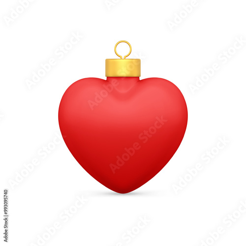 Realistic red matte passion Christmas bauble heart shape with golden luxury loop for hanging decorative design 3d template vector illustration. Luxury Xmas spruce toy ball symbol of passion and love