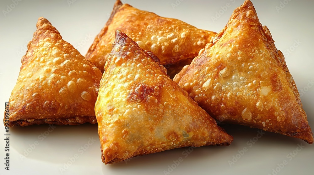 Four Golden Brown Fried Samosas on a White Surface