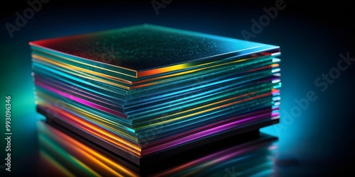 A stack of neon-colored glass sheets glows with vibrant gradinent colors on a blurred background photo