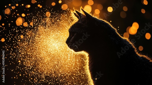 Cat Silhouette with Glittering Background Effects