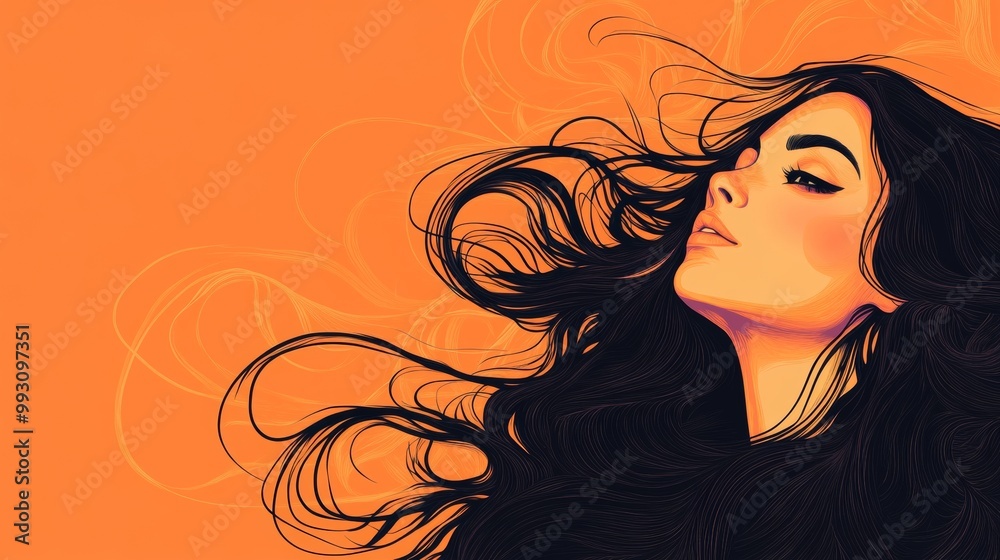 A woman with long hair is shown on an orange background A woman with long hair is shown on an orange background