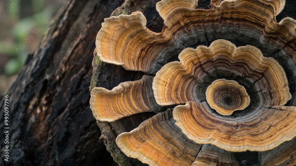 Vibrant Mushroom Slices on Tree Stump Vibrant Mushroom Slices on Tree Stump