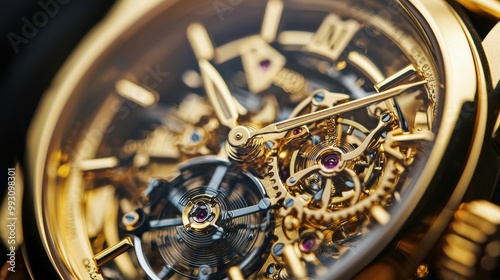 A detailed shot of a gold-plated watch face, showing intricate mechanics, gold watch, luxury and precision