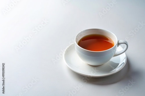 A minimalist stock photo showcasing a hot freshly brewed Earl Grey tea served in a pristine white cup placed on a delicately designed saucer set against a clean white background