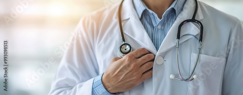 A doctor gently holding a stethoscope over a patient's chest, sunlight entering the room, peaceful and serene atmosphere, realistic, medium shot.