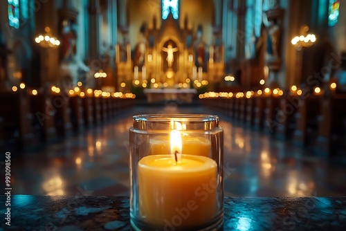 Photo: Candlelight Prayer in Church Interior with Bokeh