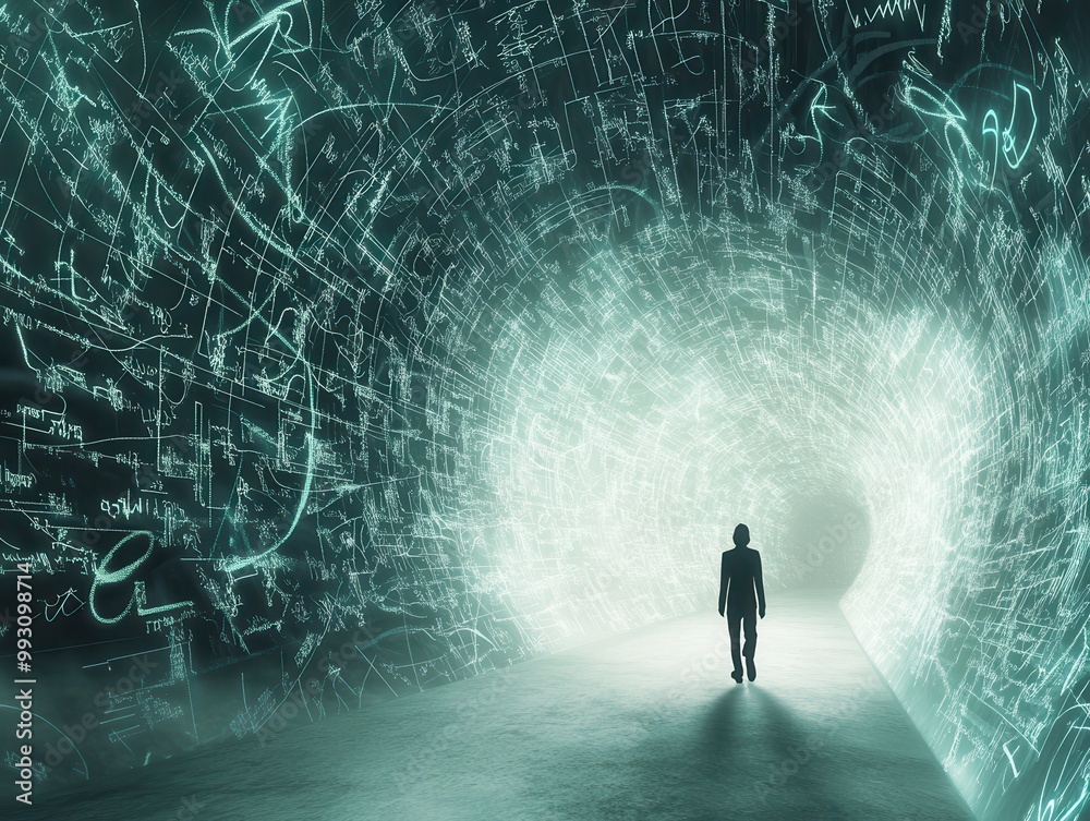 A solitary figure walks toward a luminous tunnel filled with glowing equations and symbols, evoking themes of knowledge, exploration, and the mysteries of science. A solitary figure walks toward a luminous tunnel filled with glowing equations and symbols, evoking themes of knowledge, exploration, and the mysteries of science.