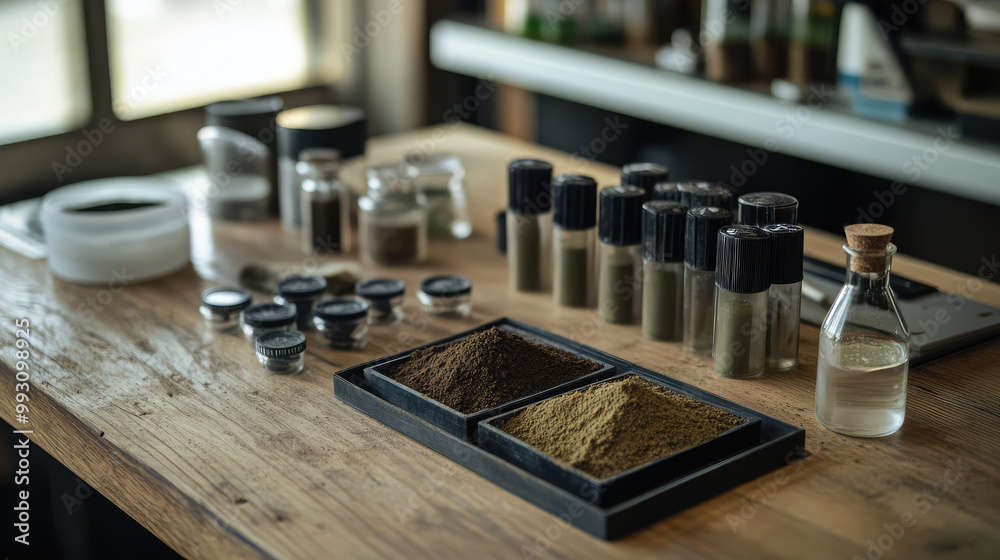 Still life of soil science tools, like a soil testing kit, magnifying glass, and natural fertilizers arranged on a table next to soil samples Still life of soil science tools, like a soil testing kit, magnifying glass, and natural fertilizers arranged on a table next to soil samples