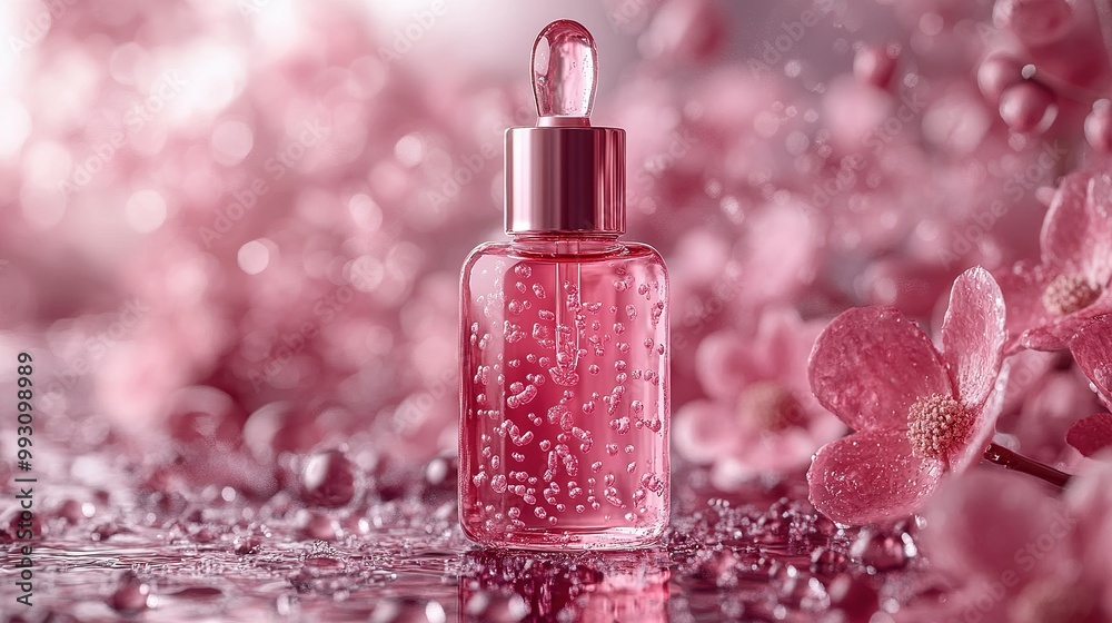Pink Glass Dropper Bottle with Bubbles and Flowers Pink Glass Dropper Bottle with Bubbles and Flowers