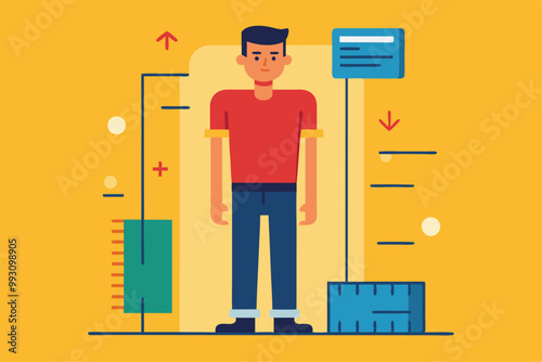 A young man stands next to measuring tools in a cheerful environment, highlighting height customization, Customize flat illustrations to fit specific measurements.