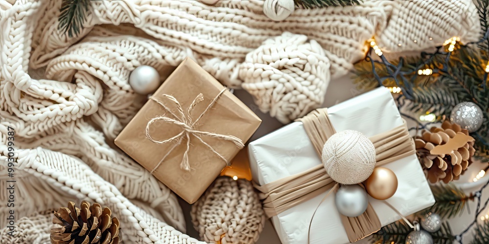 Holiday Flat Lay with Christmas Gift Boxes, Baubles, and Fir Branches on a Cozy Background. Holiday Flat Lay with Christmas Gift Boxes, Baubles, and Fir Branches on a Cozy Background.